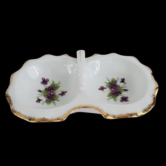 VTG Lipper & Mann Victorian Divided Candy Nut Dish Hand Painted Violet Porcelain - Picture 7 of 11